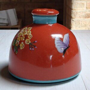 Vintage MCM Ceramic Flower Frog with Lid  Orange Rust Glaze Butterfly Floral